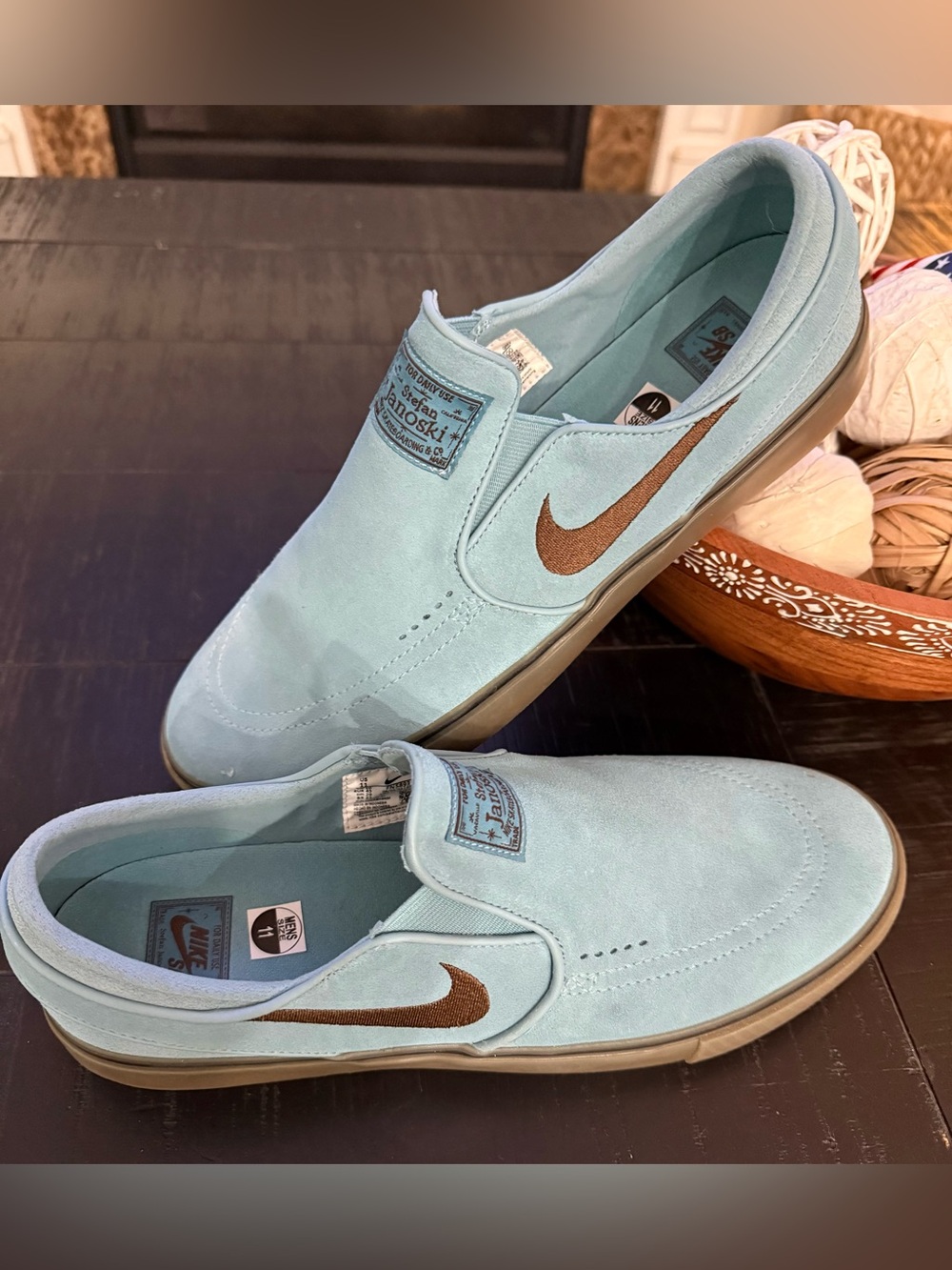 Nike Stefan Janoski Slip-On Suede Shoes - Light Blue with Brown Swoosh